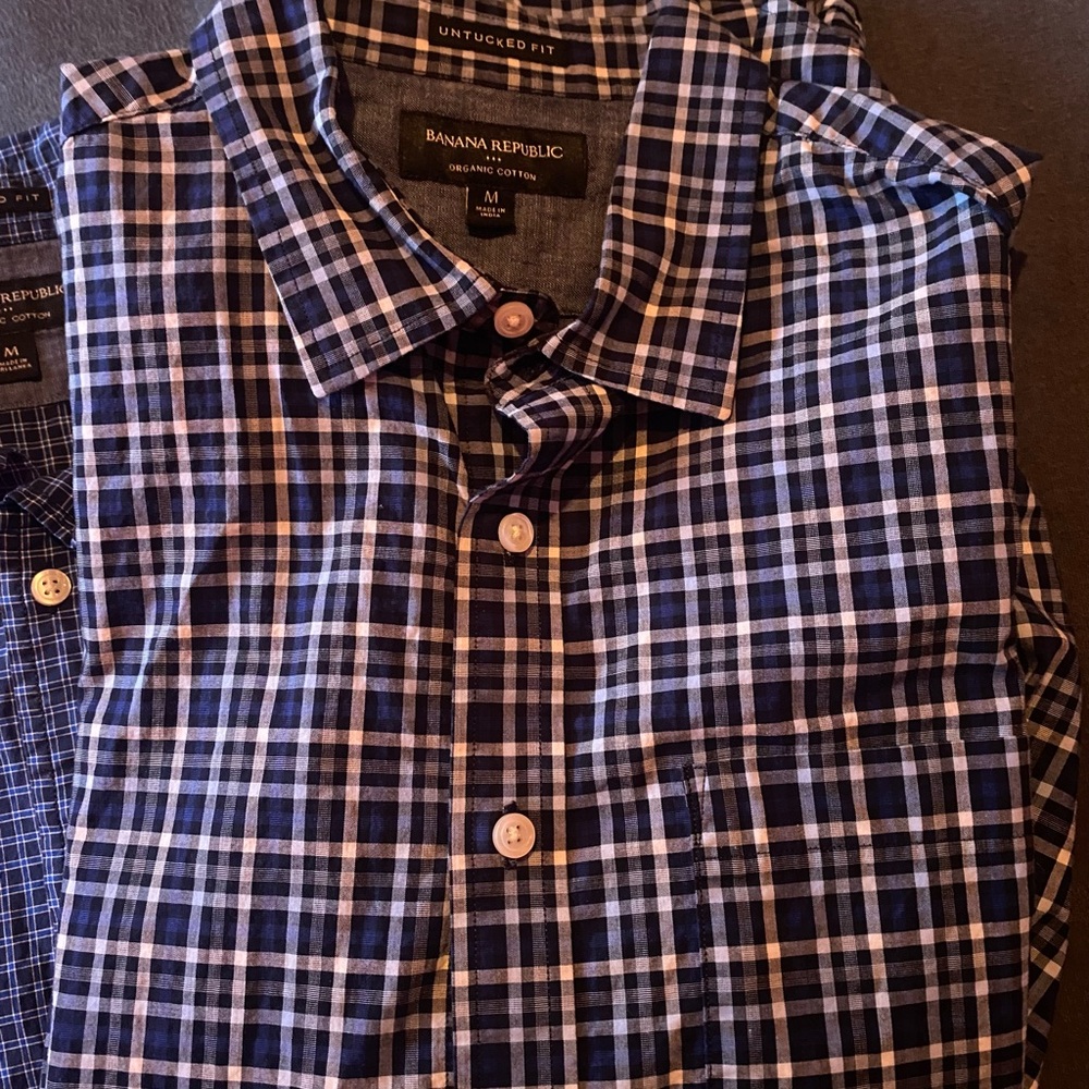 Banana Republic medium plaid blue shirts (2). Great used condition.